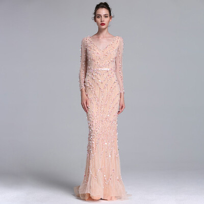 Luxury Pink Navy Blue Beading Mermaid Tulle Evening Dress V-Neck Long Sleeves Elegant Evening Gowns 2018 Real Photo
Luxury Pink Navy Blue Beading Mermaid Tulle Evening Dress V-Neck Long Sleeves Elegant Evening Gowns 2018 Real Photo