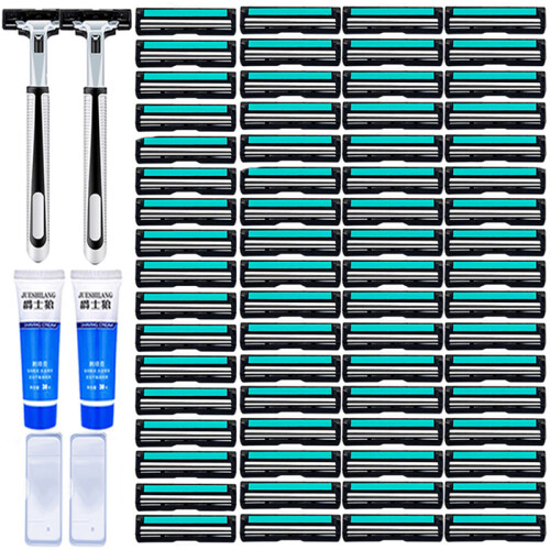 爵士狼手动剃须刀 男士手动刮胡刀双层刀片 老式胡须刀通用刀架2层刀头刮胡子刀片 剃毛刀 刀片刮胡刀 双层：2刀架+60刀片+2剃须膏2刀架盒