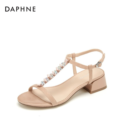 Daphne/达芙妮凉鞋2019夏专柜女鞋 绒面粗低跟甜美珍珠T字带约会鞋 杏色 37