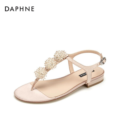 Daphne/达芙妮2019夏凉鞋女甜美珠球小清新缎面夹趾平底鞋 杏色 38