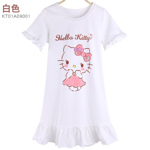 凯蒂猫（HELLO KITTY）儿童家居服女童睡裙棉夏薄款女孩短袖上衣儿童T恤中大童 KT01A09001白色 110cm