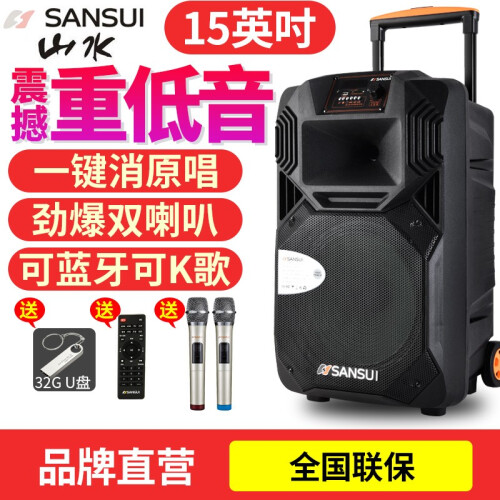 山水（SANSUI） SS1广场舞音响户外便携式移动拉杆音箱蓝牙小型舞台大功率重低音大声音带无线话筒 15英寸送2支话筒