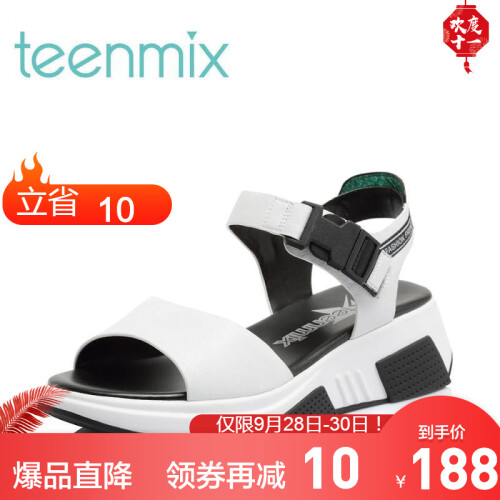 Teenmix/天美意夏专柜同款时尚字母厚底休闲风女凉鞋CDP01BL8 白/绿色 35