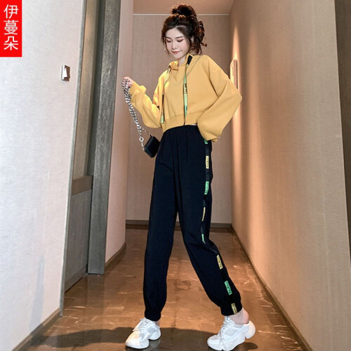 伊蔓朵休闲裤套装女2019秋季新品韩版气质显瘦连帽卫衣时尚大码女装学生休闲运动裤两件套 图片色 M