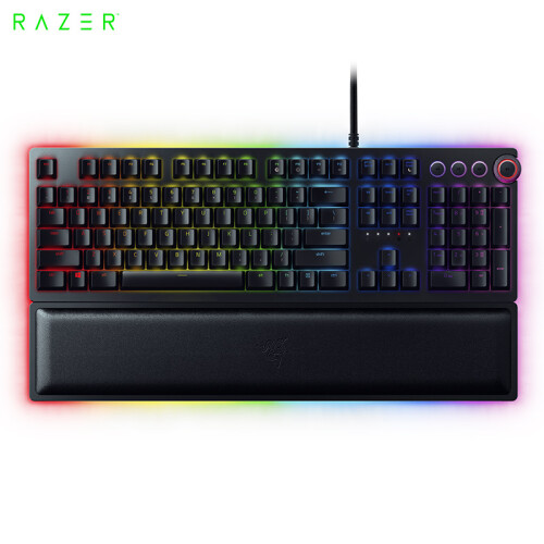 雷蛇(Razer)猎魂光蛛精英版 机械键盘 有线键盘 游戏键盘 104键 RGB幻彩 电竞 黑色 光轴 幻彩腕托