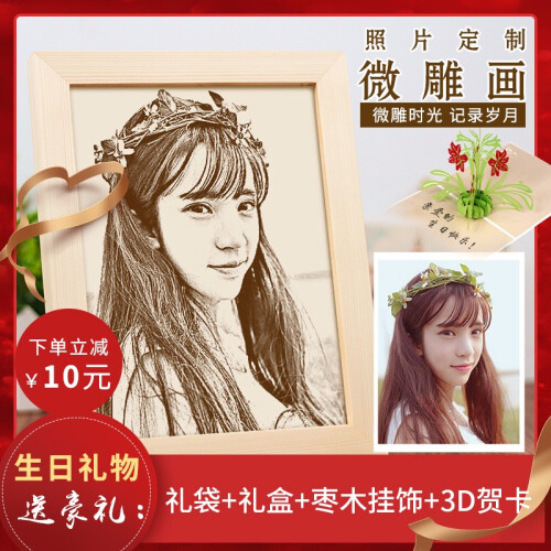 【立减10元】金朔木刻画定制照片 生日礼物 女生送女友女朋友老婆闺蜜情侣diy同学聚会纪念品 八寸（礼盒+礼袋+3D贺卡+枣木）