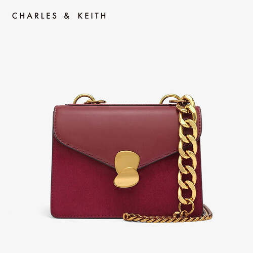 CHARLES&KEITH 女包CK2-80840128金属粗链条装饰单肩斜挎包 枣红色 S