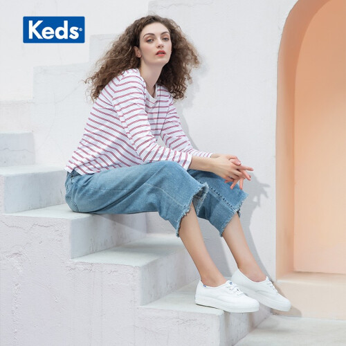 Keds旗舰店女鞋 秀晶同款 皮质低帮小白鞋平底单鞋 厚底松糕鞋 WH55748-A 白色（ 比正常尺码大一码） 35