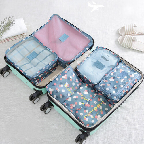 加加林 JAJALIN 出差旅行收纳袋 七件套行李箱分装整理包 化妆包男女旅游便携套装 蓝色花朵