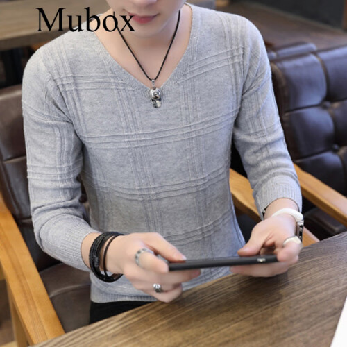 Mubox 长袖T恤男2019秋季新款秋衣男士长袖韩版修身v领t恤休闲青年套头打底衫衣服男装 灰色 L