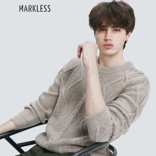 Markless 加厚羊毛针织衫男士青年休闲套头圆领毛衣MSA7709M 米杏色 175/L