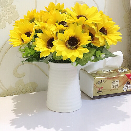 仿真花套装 客厅装饰摆件 太阳花束 向日葵 绢花假花+陶瓷花瓶套装 春色向日葵4支+螺纹白瓷瓶 套装