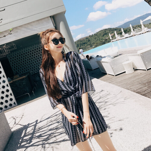 亦美珊温泉泳衣女 三件套比基尼 小胸钢托聚拢性感保守罩衫显瘦游泳衣 黑灰条纹 XL
