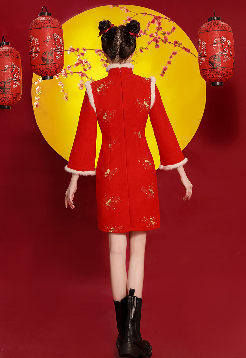 流彗拜年服女成人冬加厚新年汉服冬装女大人红色旗袍季款改良短款过年