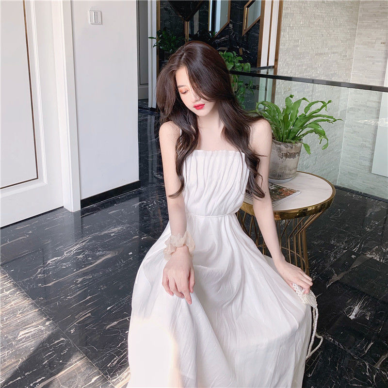 白色吊带连衣裙女夏装2022年新款法式复古小众初恋气质过膝长裙子香槟