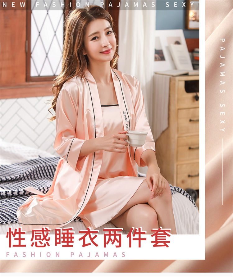 睡衣女春秋冰丝薄款家居服性感丝绸抹胸吊带睡袍睡裙女夏两件套装218