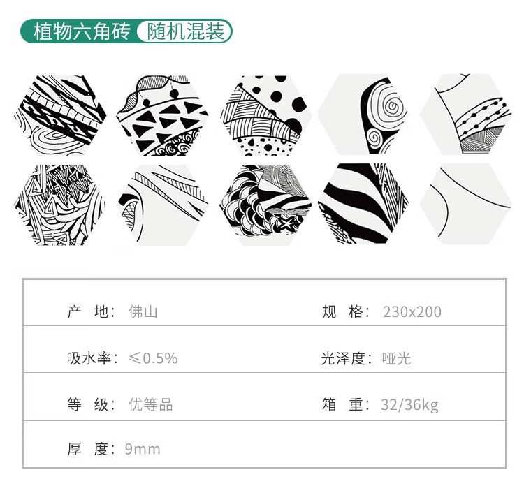 5，北歐衛生間牆甎防滑地甎黑白花甎植物六角甎200230六邊形瓷甎 純白色 200mmx230mm