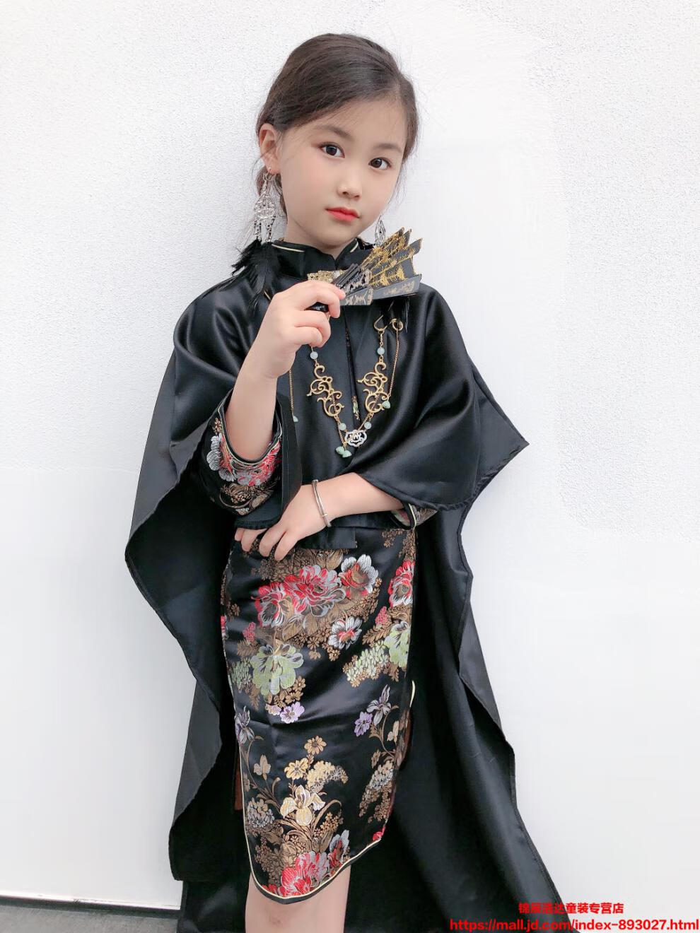 儿童走秀拖尾礼服女童童模走秀礼服中国风霸气旗袍披风套装儿童古琴