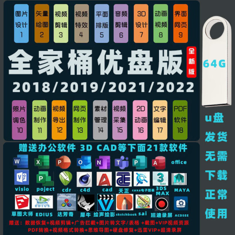p图片设计视频剪辑制作音频动画网页设计cad软件3d安装包u盘32gb64g22