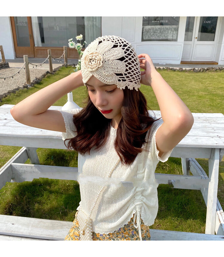 缕空钩花帽夏款包头帽帽子女文艺复古手钩帽日系镂空时髦包头帽四季