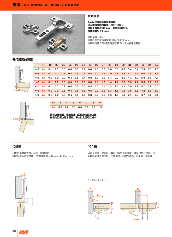 萨郦奇铰链94200型反弹铰链镀镍色推弹按弹门铰1935mm十字快装内嵌不