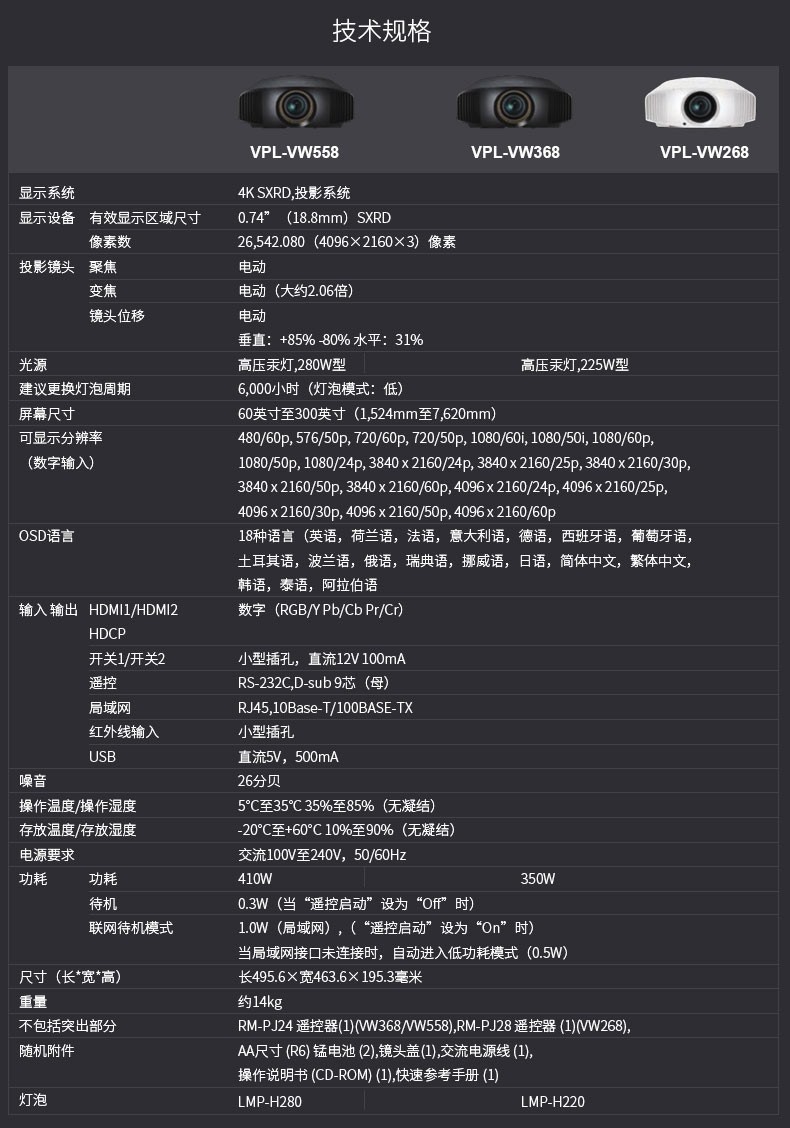 索尼sony投影仪vw278vw279vw368vw5584k家庭影院高端家用投影机vplvw