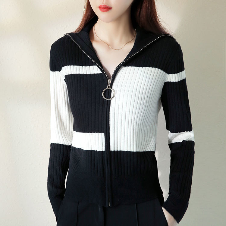 婠祺2021外套女潮ins秋季新款韩版黑白格针织衫女装高领外套气质拉链