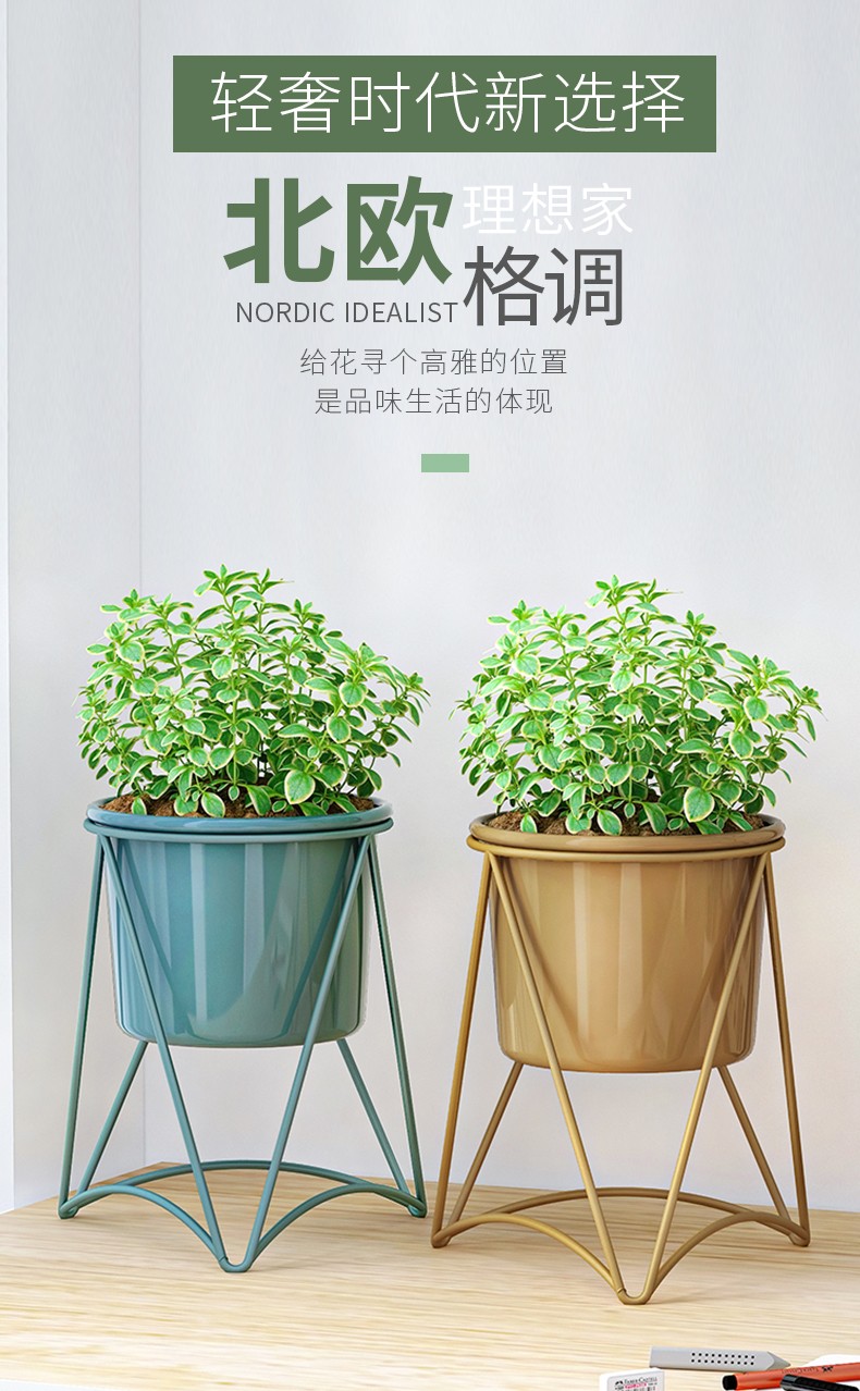 索尔诺 北欧花架室内家用阳台装饰架子卧室宿舍铁艺客厅时尚简约植物挂架绿萝现代简约花架庭院花架 h9015-孔雀蓝【盆径15宽19架高20】