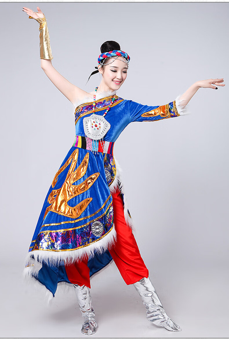 藏族舞蹈服装女演出服藏袍扎西德勒广场舞少数民族舞台表演服红色木珠