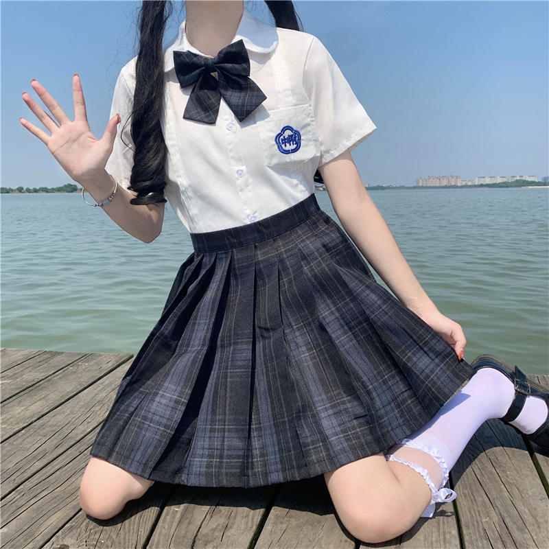 jk制服少女夏季jk套装格裙裙子全套小学生水手服koi花边款衬衫树莓