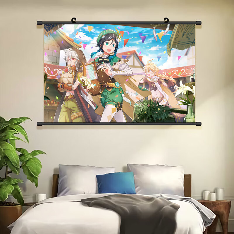 原神周边原神海报挂画派蒙可莉温蒂芭芭拉超大卧室宿舍壁纸背景墙贴