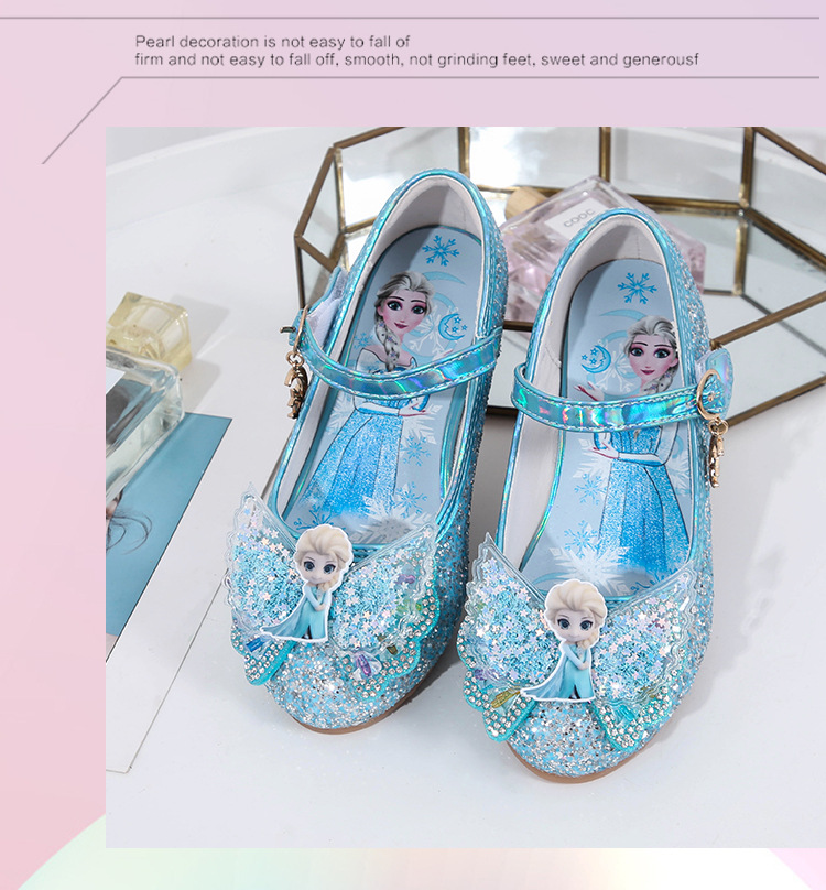 冰雪奇缘公主鞋秋季韩版新款儿童高跟鞋蝴蝶结亮片童鞋 银色 31码19.