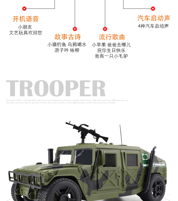 仿真声光军事吉普越野车装甲车模型惯性儿童玩具车 悍马军车迷彩绿