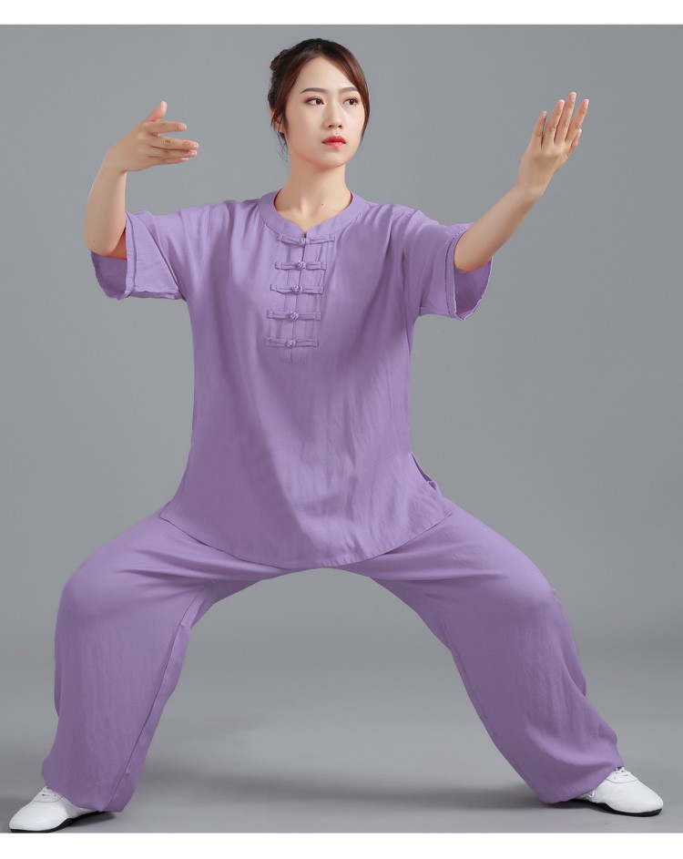 夏季新款棉麻太极服女短袖太极拳练功服太极服装女装薄款晨练夏天浅