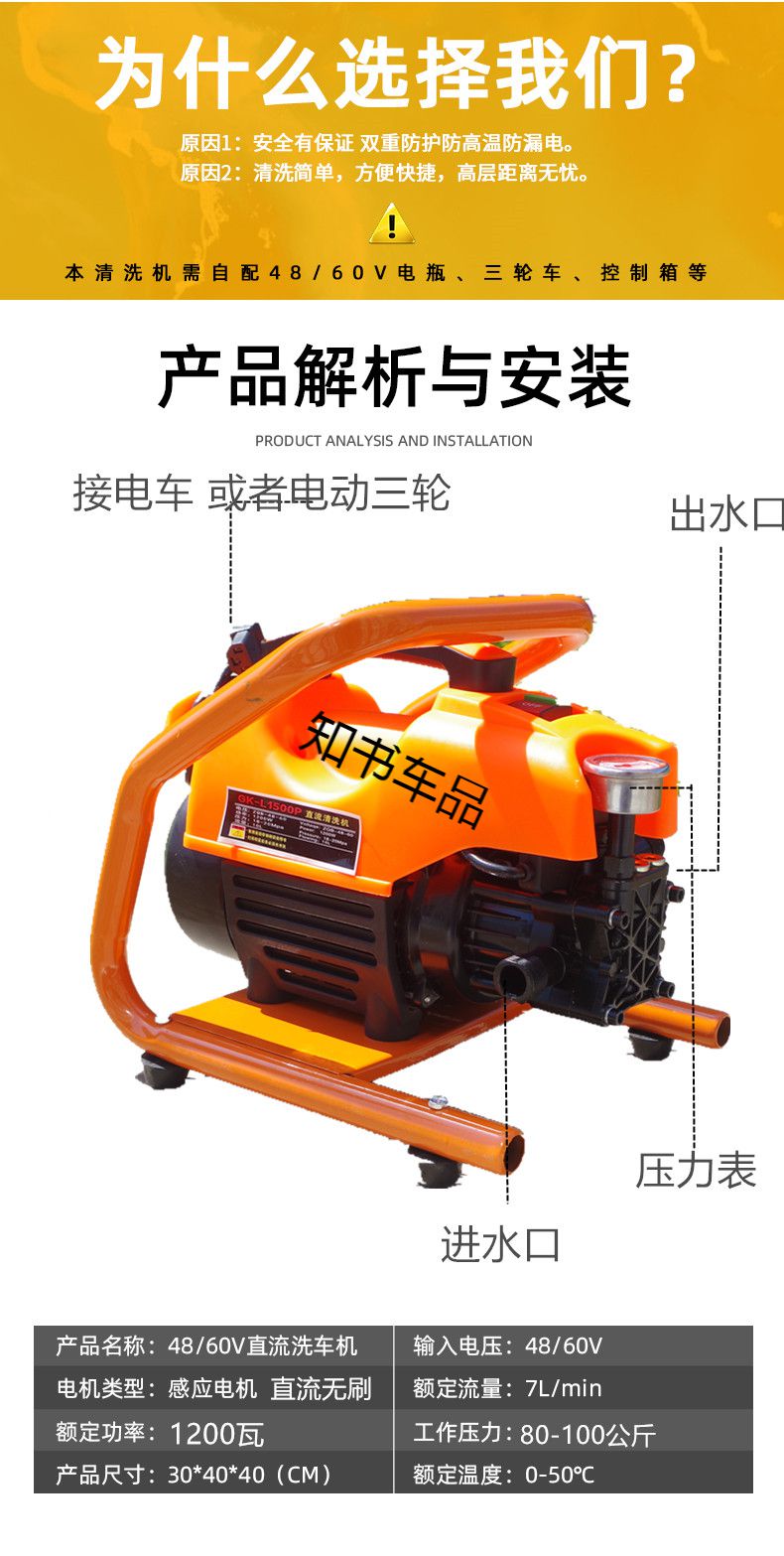 适用于48v60伏高压清洗机洗车机器无刷直流泵接电瓶车