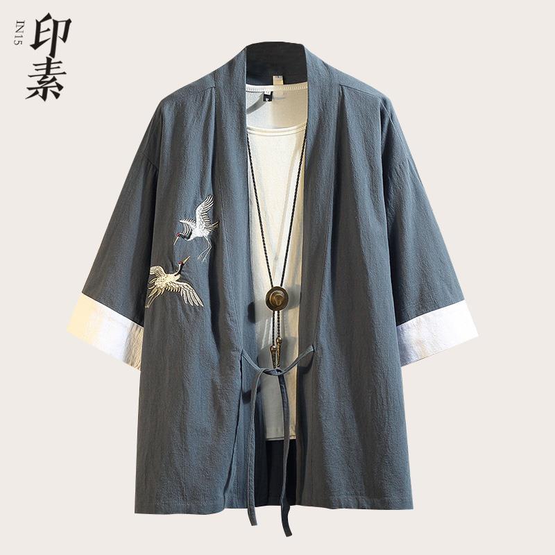 古风风仙鹤龙纹刺绣亚麻外套汉服男古装宽松棉麻居士道袍道服z712藏青