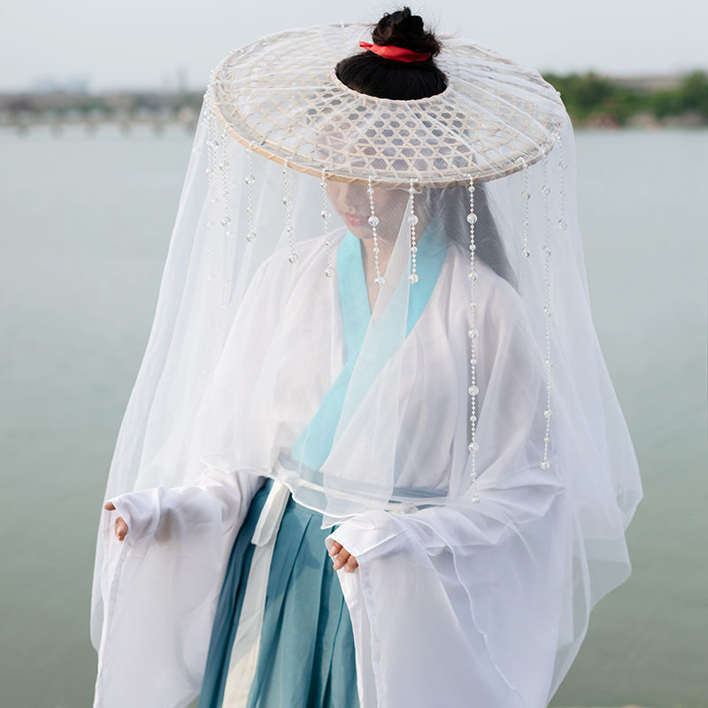 梨花流苏斗笠帽 遮脸面纱遮阳幕离摄影道具女侠古风斗笠帽 白色连珠款