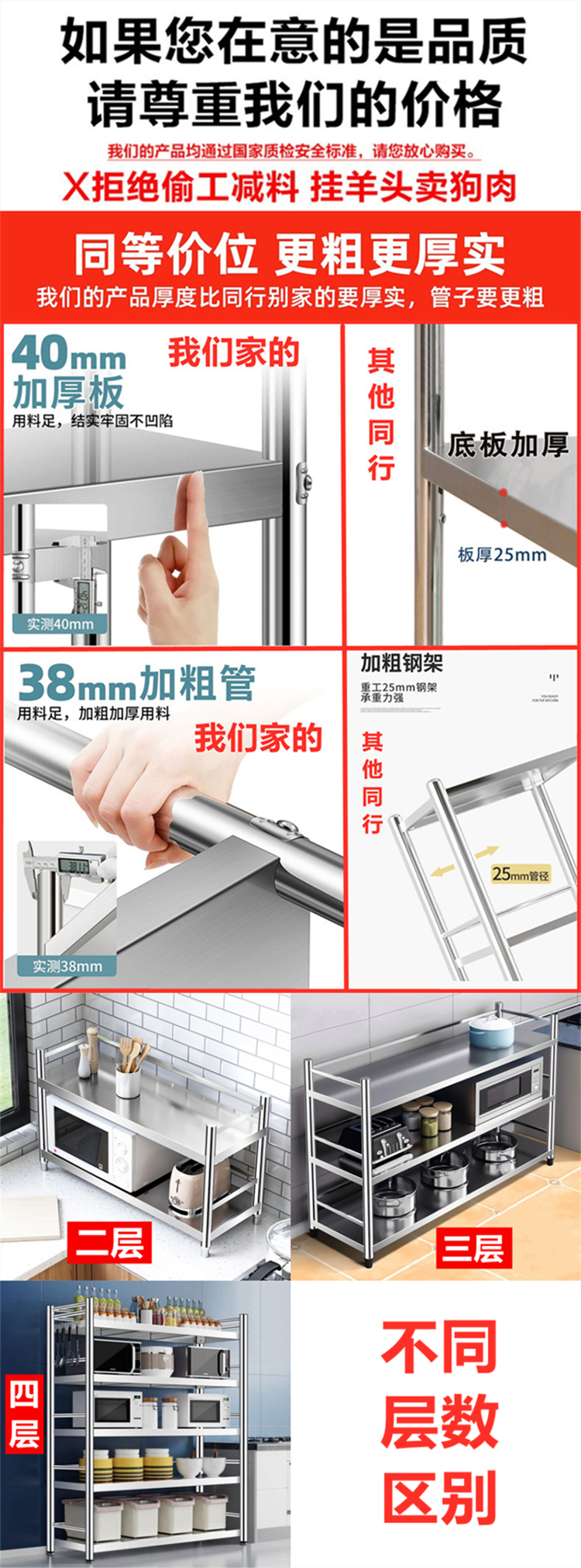 家用货架储物架厨房货架不锈钢厨房置物架带围栏烤箱锅架家用收纳架子多层落地式储物货架 【特价二层】长60宽30高60 二层带围栏