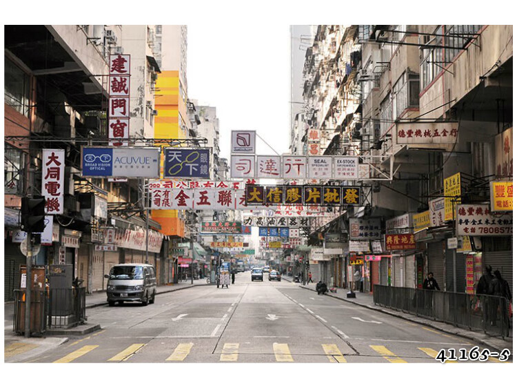 怀旧复古老香港街景夜景墙纸港式茶餐厅主题壁纸城市建筑街道壁画宣