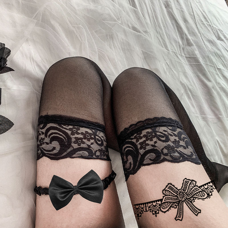 长筒丝袜女蕾丝蝴蝶结花边过膝大腿丝袜超清纯黑1双装小腿丝袜黑色