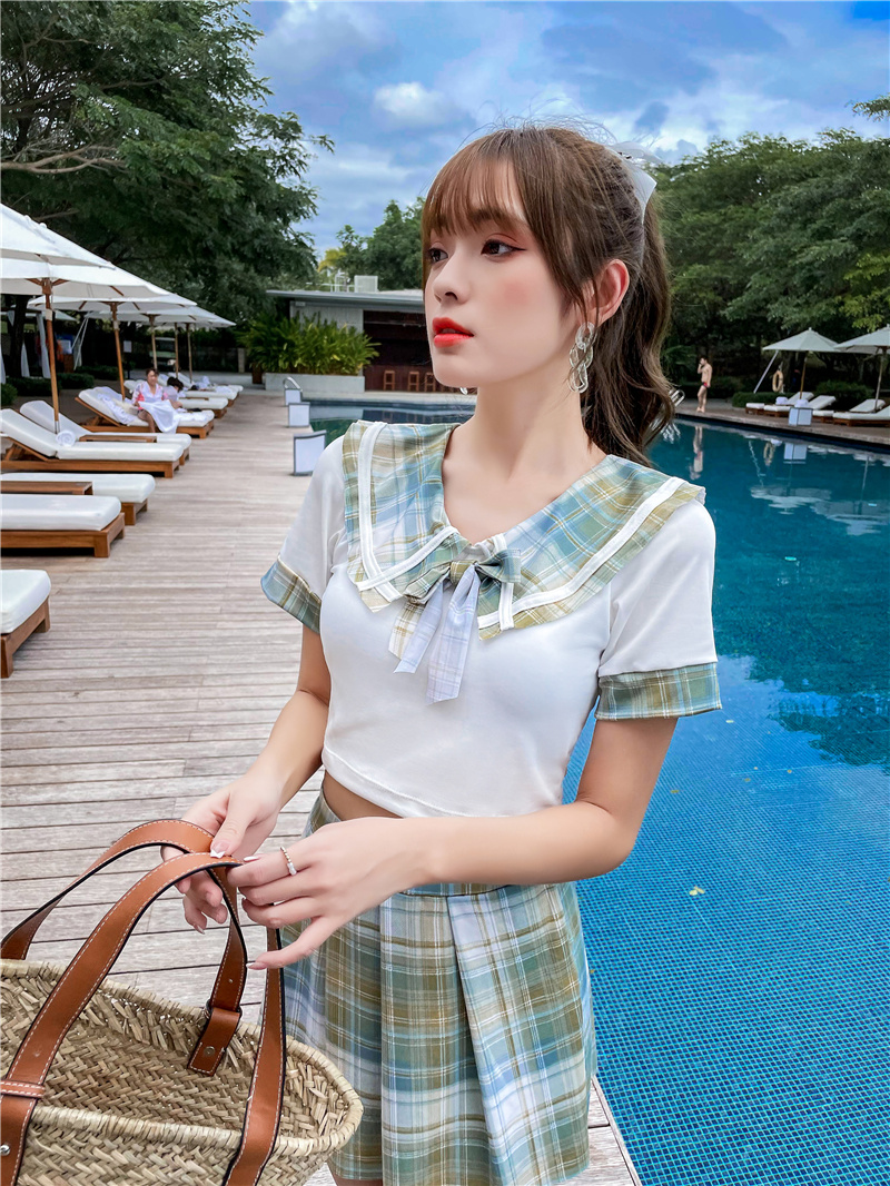范娅姿明星同款新款泳衣女韩国ins小清新学生运动jk制服风分体裙式