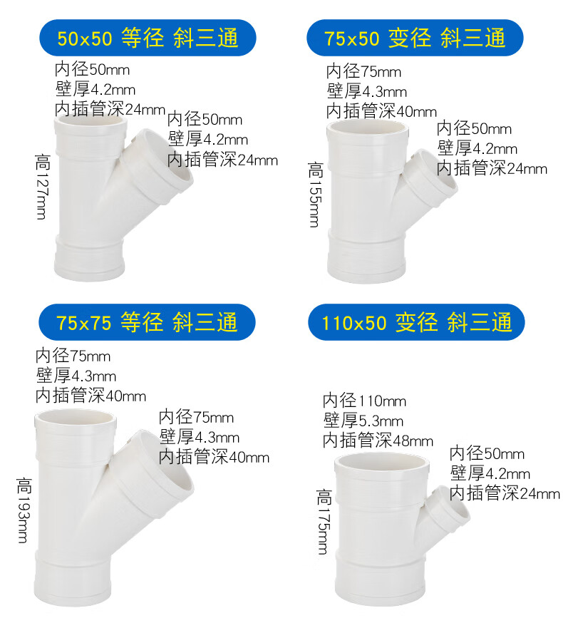 pvc排水管45度斜三通50等径斜3通水槽下水管75配件110y型三通管件4040