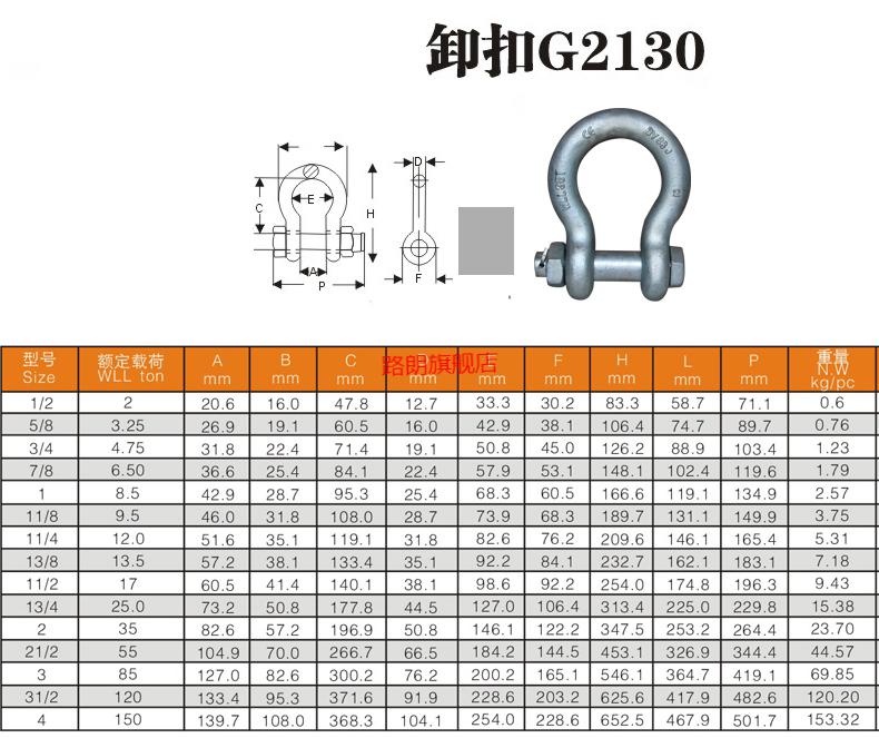 高强度直型(d)卸扣 2英寸 g210 内螺纹型 卡扣美标吊环弓形吊耳u型卡