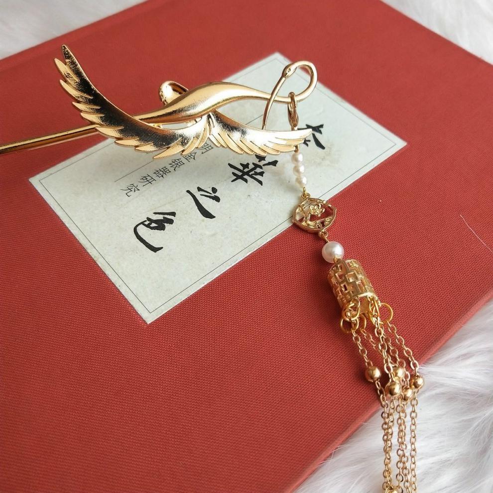 双面凤钗流苏簪子古风汉服发簪钗子饰品b款簪子加水滴流苏一支金色