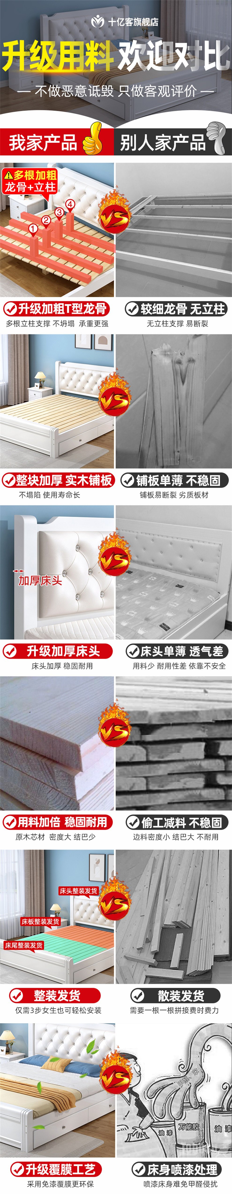 十亿客 实木床现代简约双人床架主卧经济型欧式新款木床单人床 暖白软包床 1350mm*2000mm +5cm椰棕床垫