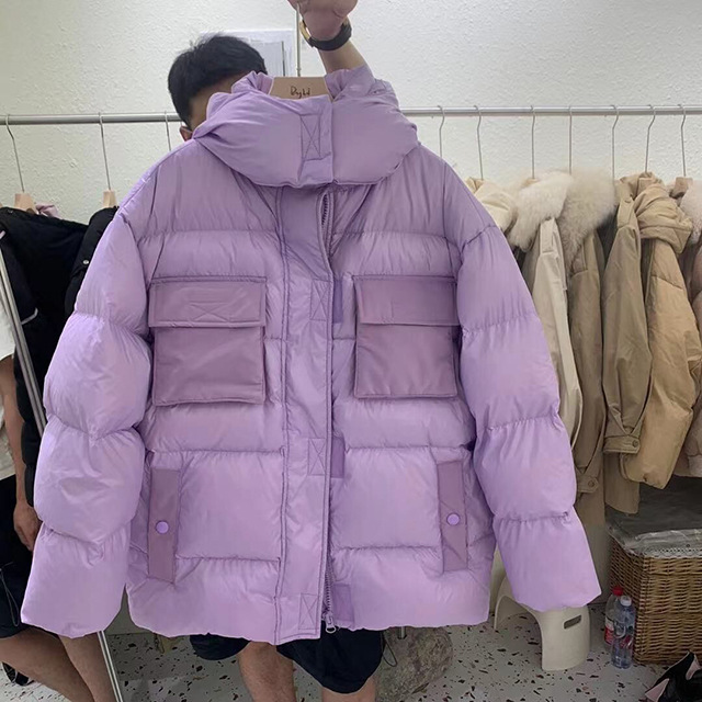 阿尔皮纳袋鼠羽绒服2021冬新款服女韩版大口袋短款紫色面包服宽松时尚