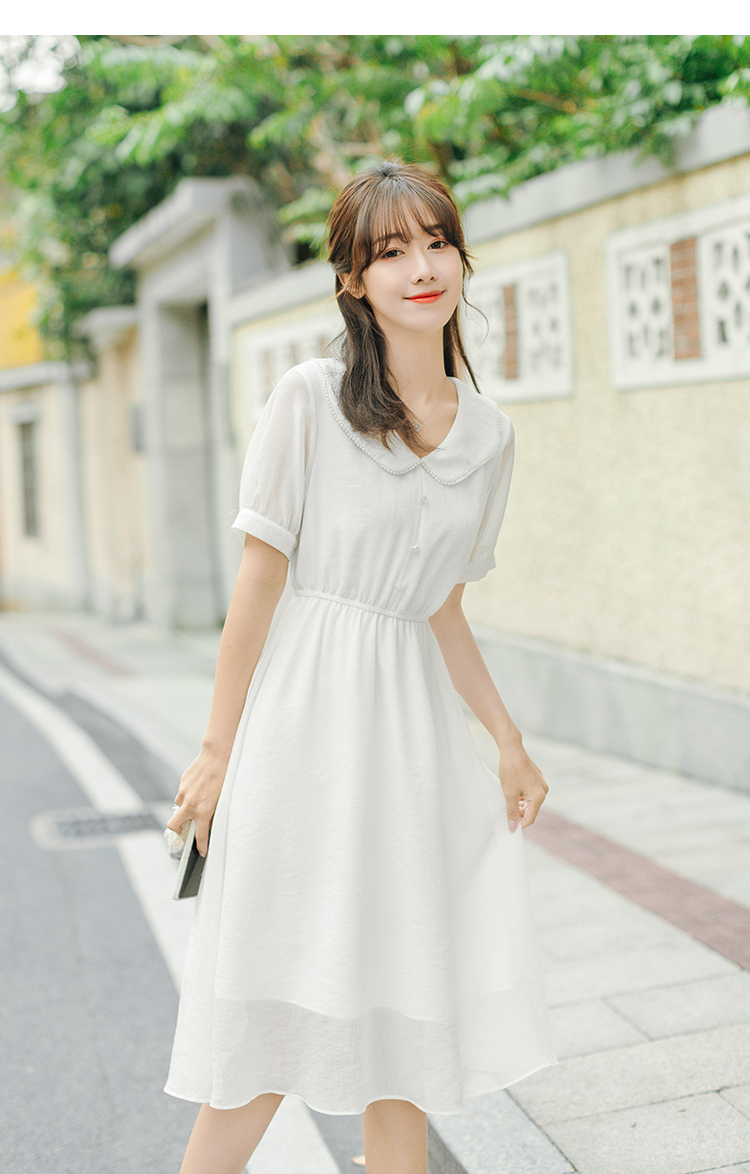 妲人白色连衣裙子女夏季仙女裙2021年新款少女连衣裙娃娃领女生初恋