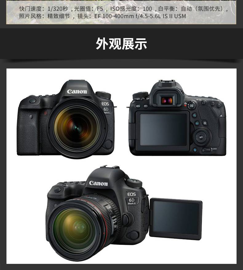 canon佳能eos6dmarkii全画幅专业级单反相机6d2高清数码旅游全黑色加