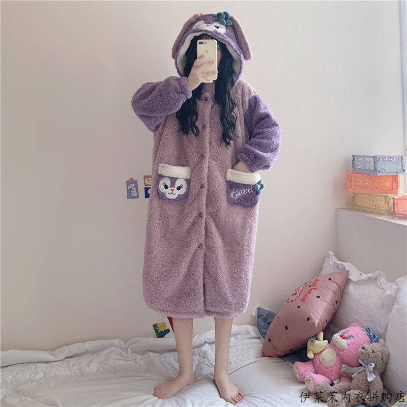 伊莱茉少女生连体睡衣服秋冬季可爱卡通连体睡衣袍女秋冬新款加厚珊瑚