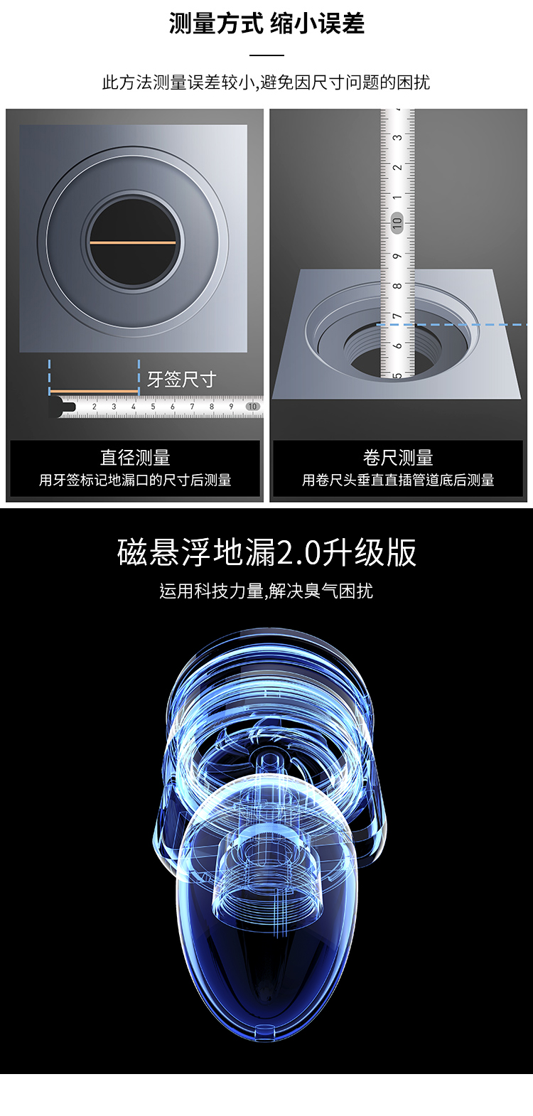 万康磁悬浮防臭地漏芯卫生间地漏内芯下水道厕所硅胶防反味地漏盖